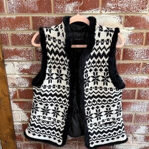 Talbots Nordic Black and White Fair Isle Knit Faux Fur Trimmed Vest Women’s  M